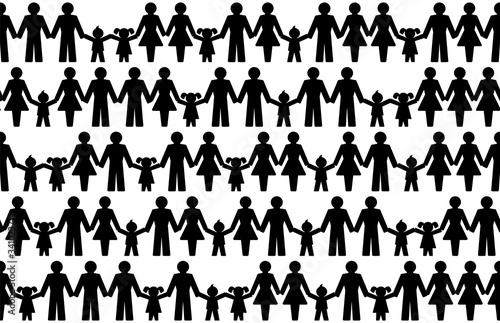Pictograms of people holding hands, seamless tile. Abstract symbols of connected men, women and children expressing friendship, love and harmony. We are one world. Illustration over white. Vector.
