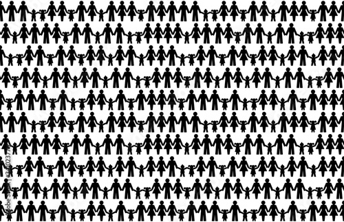 Background with pictograms of people holding hands. Seamless tile. Abstract symbols of connected people expressing friendship, love and harmony. We are one world. Illustration over white. Vector.