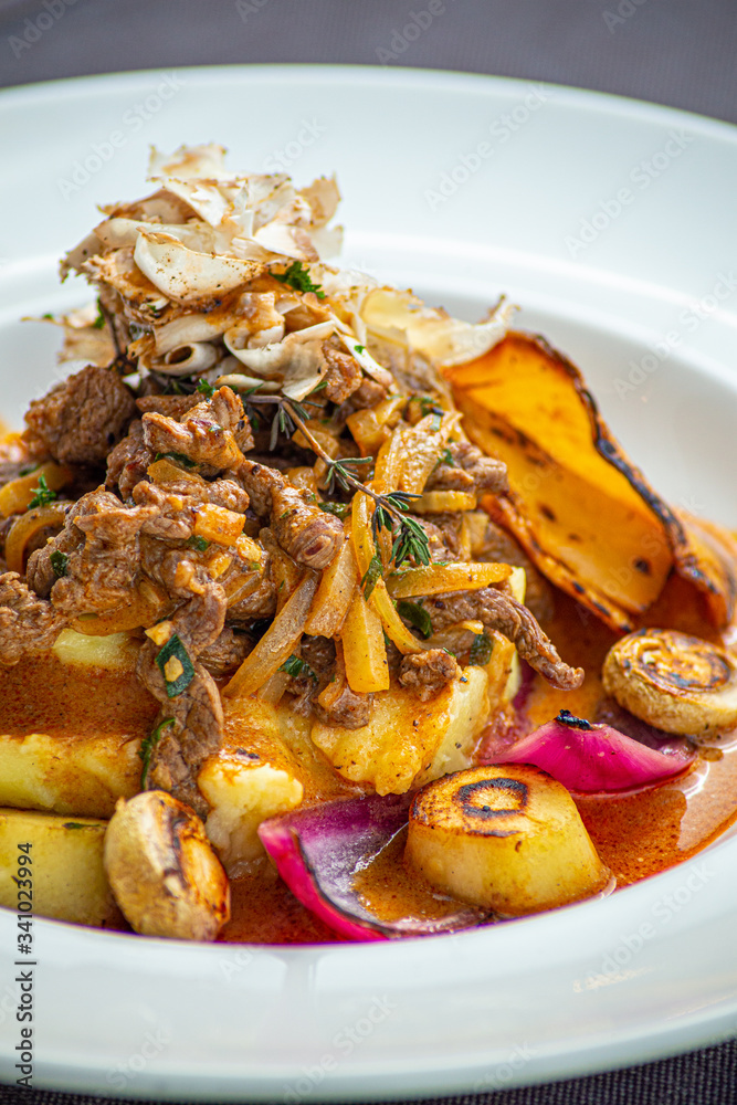 Beef meat strogonov with mashed potatoes,mushrooms Beef meat strogonov with mashed potatoes,mushrooms