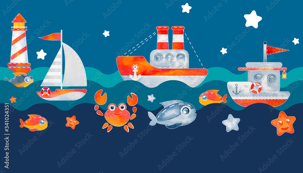 sea pattern seamless. watercolor drawn cartoon illustration ship, boat, sailboat, fish, octopus, crab, lighthouse, sea, ocean isolated on white blue background. design for print cloth, fabric, textile