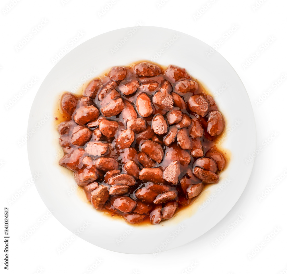 Cat food in a bowl on a white background. The view from top