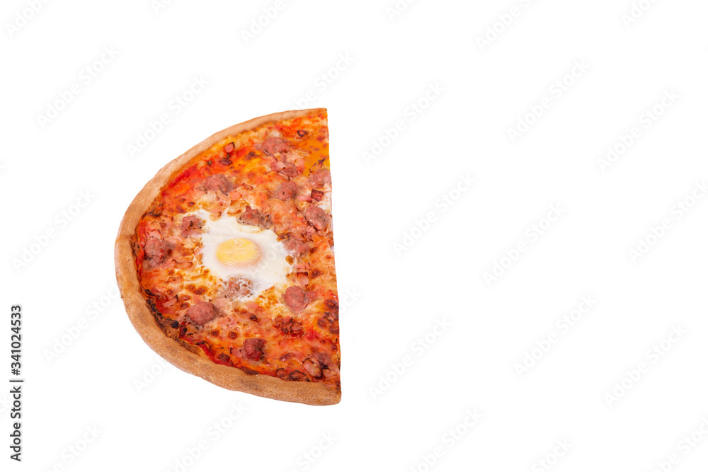Tasty pizza with beef sausages, eggs and bacon or Brunch pizza. Half a pizza isolated on white background with clipping path, angle view Tasty pizza with beef sausages, eggs and bacon or Brunch pizza. Half a pizza isolated on white background with clipping path, angle view