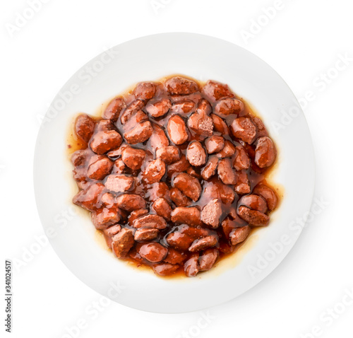 Cat food in a bowl on a white background. The view from top