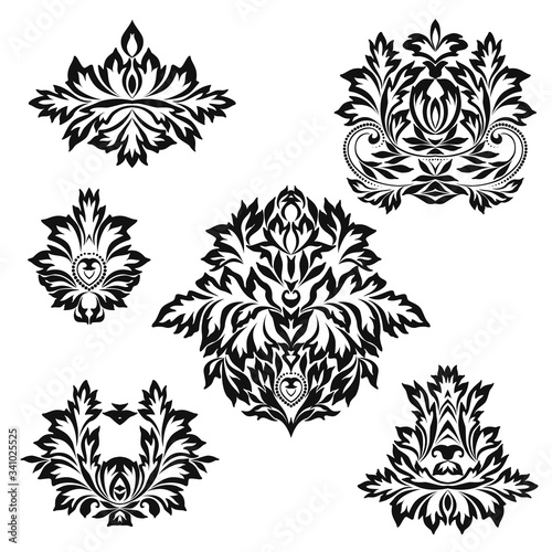 Set of vintage stencils for design. Black and white beautiful pattern with leaves. Vector clipart.