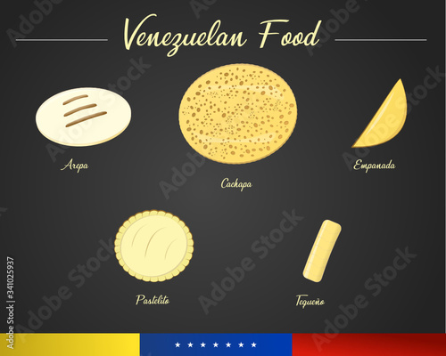 Venezuelan food cachapa arepa,empanadas, pastries and tequeños in vector graphics