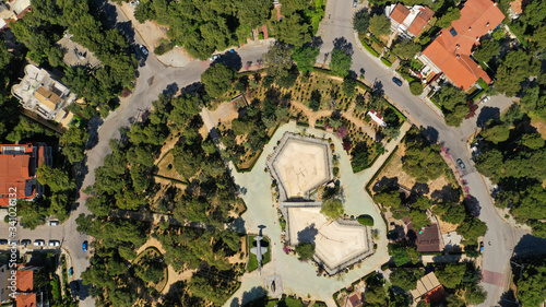 Aerial drone top down photo of circular park of heroes of National Technical University in north Athens, Kifisia, Attica, Greece photo