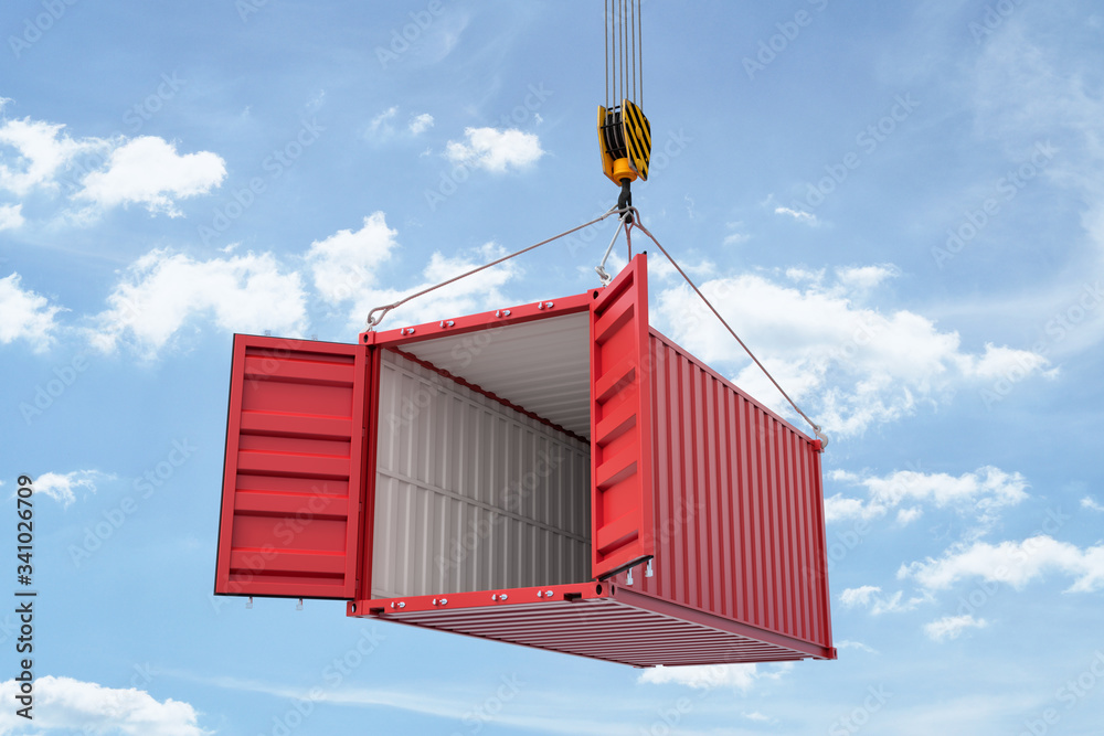 3d rendering of open red shipping container suspended from crane against blue sky with white clouds. 3d rendering of open red shipping container suspended from crane against blue sky with white clouds.