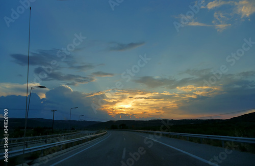Sunset on the national highway in the Kassandra peninsula, Greece
