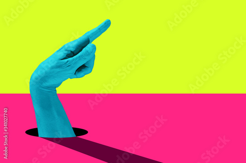 Hand in a pop art collage style in neon bold colors. Modern psychedelic creative element with human palm for posters, banners, wallpaper. Copy space for text. Magazine style template. Zine culture.