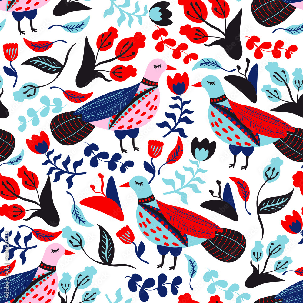 Birds, pigeon, flowers, botanical hand drawn flat vector seamless pattern on white background. Concept for wallpaper, wrapping paper, cards 