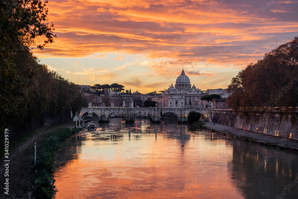 St. Peter's Basilica from the Garibaldi Bridge at sunset