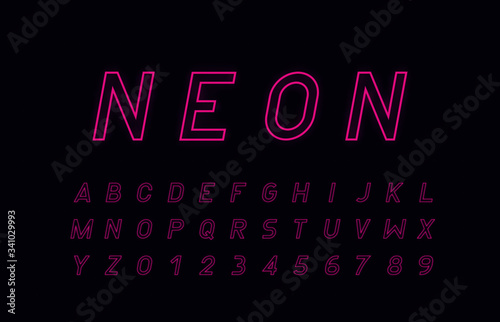 Neon abstract typeface. Trendy futuristic alphabet font, geometric minimal square letters uppercase for logo. Hipster type design isolated on creative background. Vector illustration