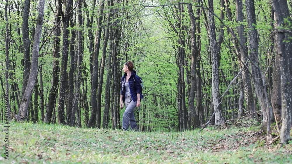 woman strolling alone in green forest woman strolling alone in green forest