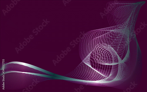 Abstract lines in the form of a ribbon on a purple background. A beautiful screensaver on the desktop. For invitations and cards.