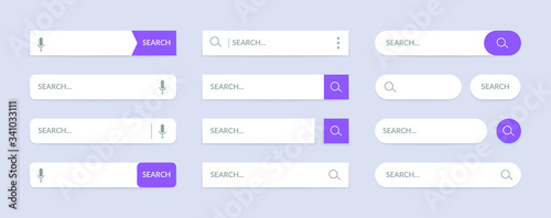 Search bar UI buttons. Mobile web application graphic design for browsers, search elements with text field, computer searched navigator. Vector illustration