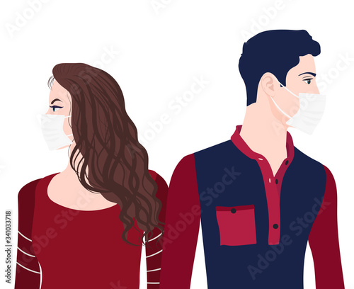 Caucasian man woman couple with medical mask. Separation or divorce between couples with problems of cohabitation due to the lockdown due to the coronavirus epidemic Covid-19