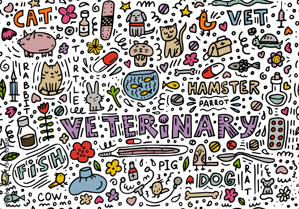 Doodle about veterinary. cat, dog, hamster, parrot, rabbit, pig, cow, hare, fish, medications, phonendoscope, syringes, thermometer, mouse, rat, turtle, plaster, aquarium, hot-water bottle