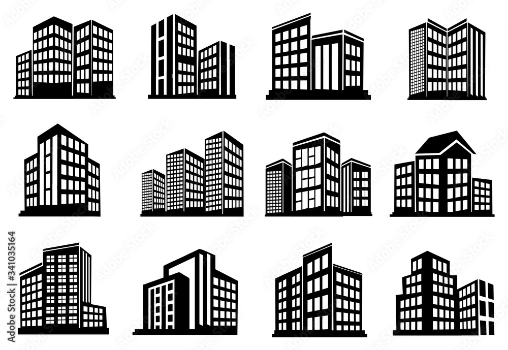 set of public Building icon, goverment and office symbol, hotel, apartment, house icon vector