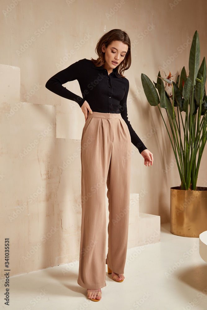 Beautiful brunette woman natural make up wear fashion clothes casual dress  code office style black blouse and beige pants suit for romantic date  business meeting accessory interior stairs flowerpot. Photos