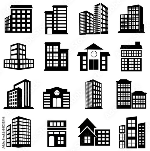 16 set of Building symbol vector. hotel, apartment, skyscraper, school, house modern icon illustration design