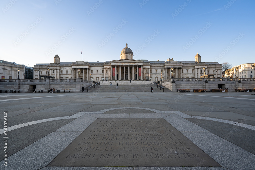 LONDON, UK - 23 MARCH 2020: Empty streets at the National Gallery Trafalgar Square, London City Centre during COVID-19, lockdown during coronavirus