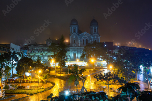 Yarumal  Antioquia   Colombia. June 6  2018. The minor basilica of Our Lady of Mercy is a Colombian Catholic basilica in the municipality of Yarumal  at night 