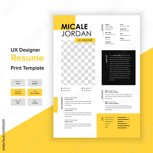 Minimal Resume and Cover Letter Template Layout with Yellow color. UX designer & Graphic designer resume template.