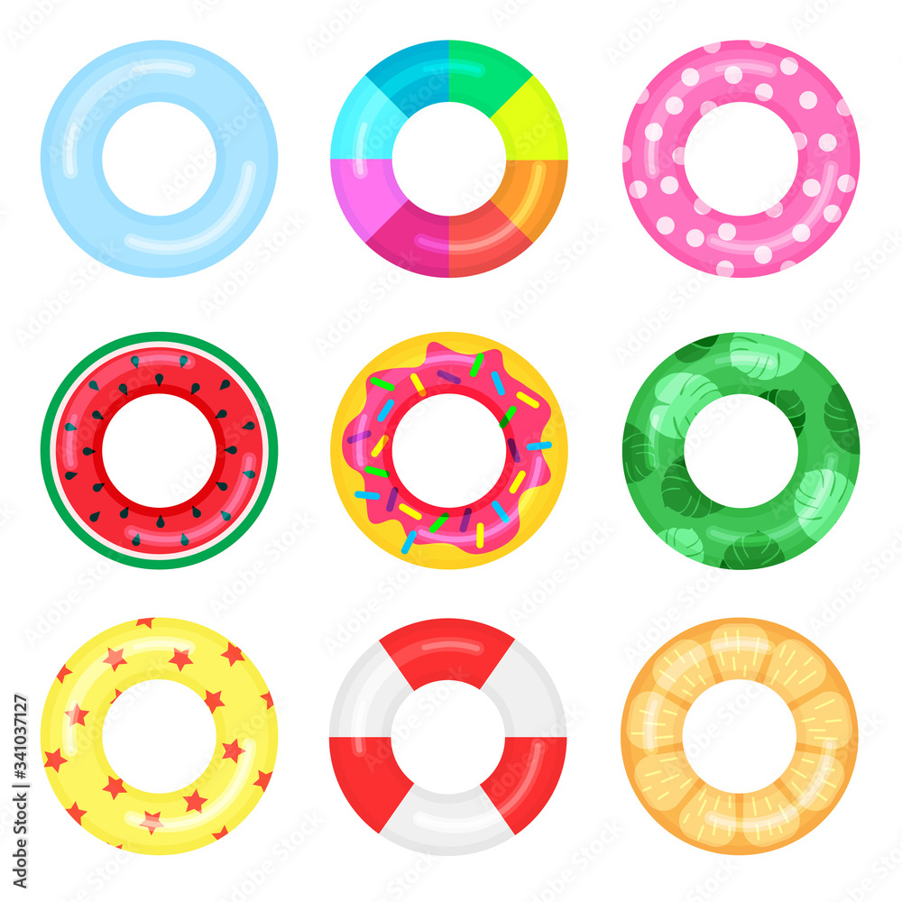 Set of rubber swimming rings with watermelon, cake, orange, stars pattern on it. Life saving floating lifebuoy for beach or ship. Water and beach colorful rubber toys. Set of rubber swimming rings with watermelon, cake, orange, stars pattern on it. Life saving floating lifebuoy for beach or ship. Water and beach colorful rubber toys.
