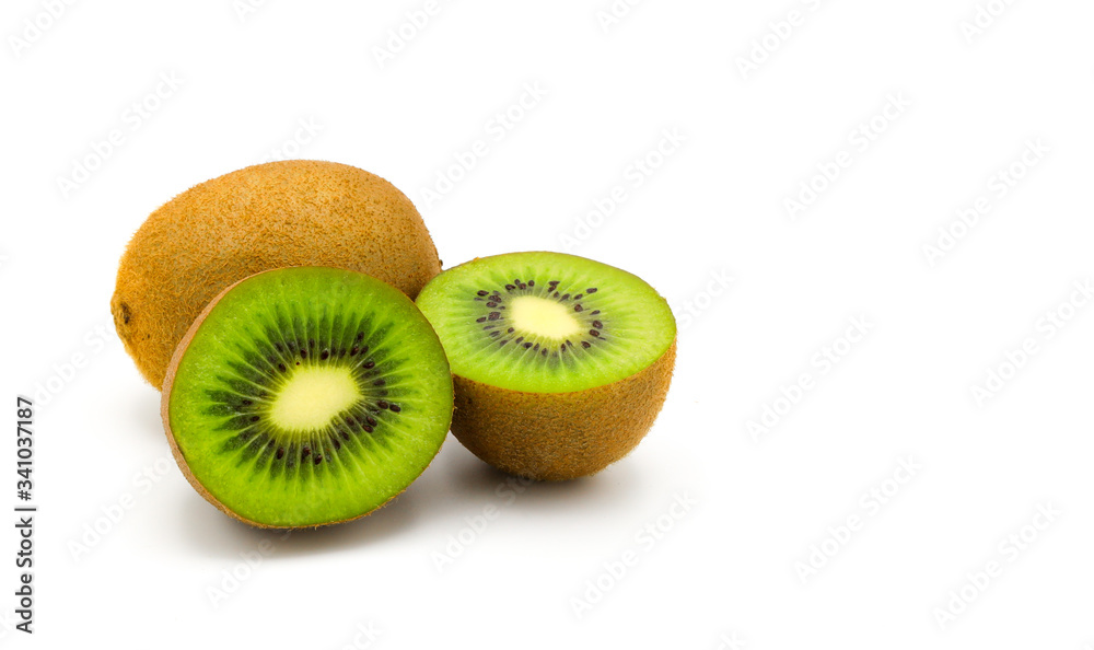 Close up ripe whole kiwi fruit and half kiwi fruit isolated on white background. Close up ripe whole kiwi fruit and half kiwi fruit isolated on white background.