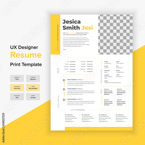 Vector minimalist cv/resume template design with the yellow version. Resume page design with skills education and reference vector layout.