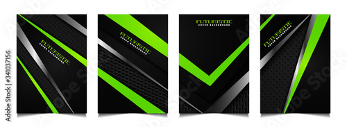 Set of futuristic abstract geometric cover design background with black, green, and silver metallic technology style. Vector layout template for business brochure, sport poster, automotive promotion