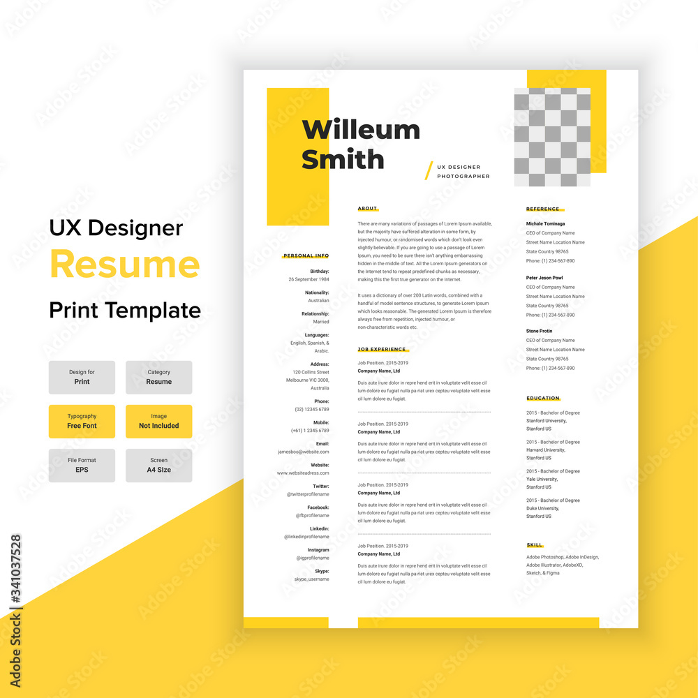 Minimal Resume and Cover Letter Template Layout with Yellow color. UX designer & Graphic designer resume template.
