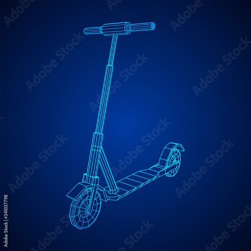 Roller scooter balance kick push bike. Eco alternative city transport. Wireframe low poly mesh vector illustration.