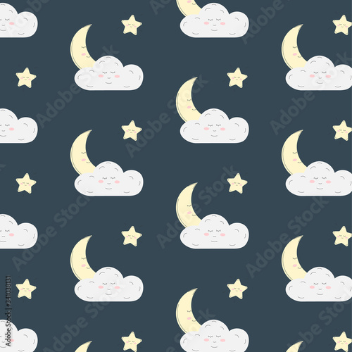 Seamless background with stars  months and clouds. Vector image for fabric  wallpaper  clothes  diapers.