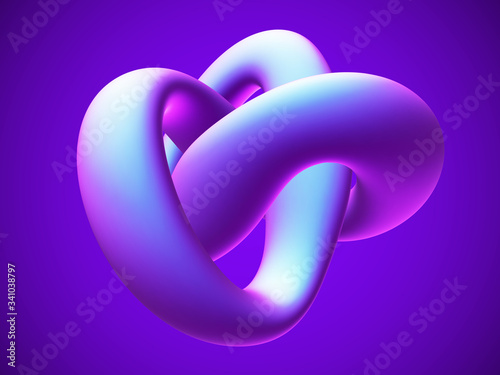 3D blue torus knot on blue background. Futuristic decoration element. Symbol of infinity and endlessness. Vector illustration of abstract geometric shape.
