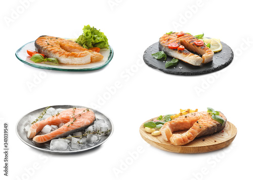 Set with fresh raw and cooked salmon steaks on white background. Fish delicacy