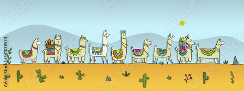 Cute lamas family in desert. Sketch for your design