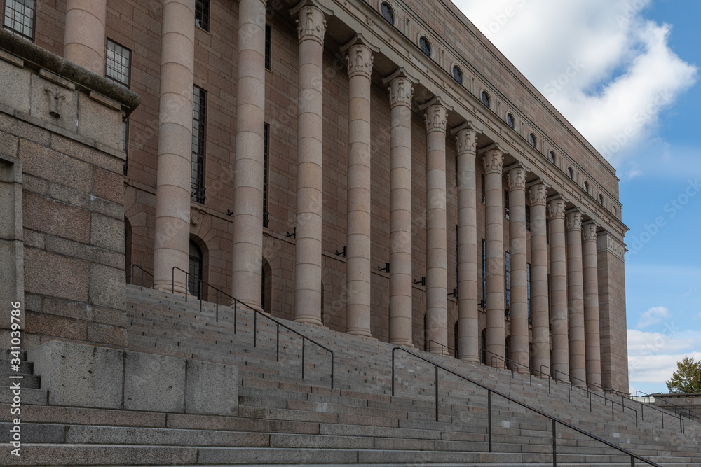 Historical government building in Finnish capital city Helsinki with no people