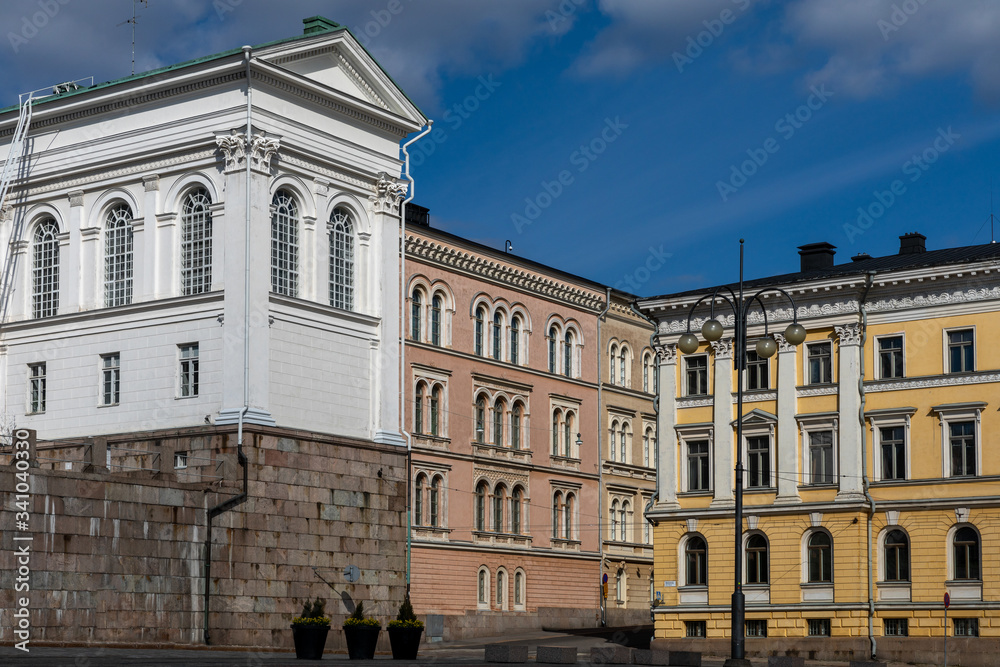 Historical buildings around Senate Square in spring sunshine downtown Helsinki