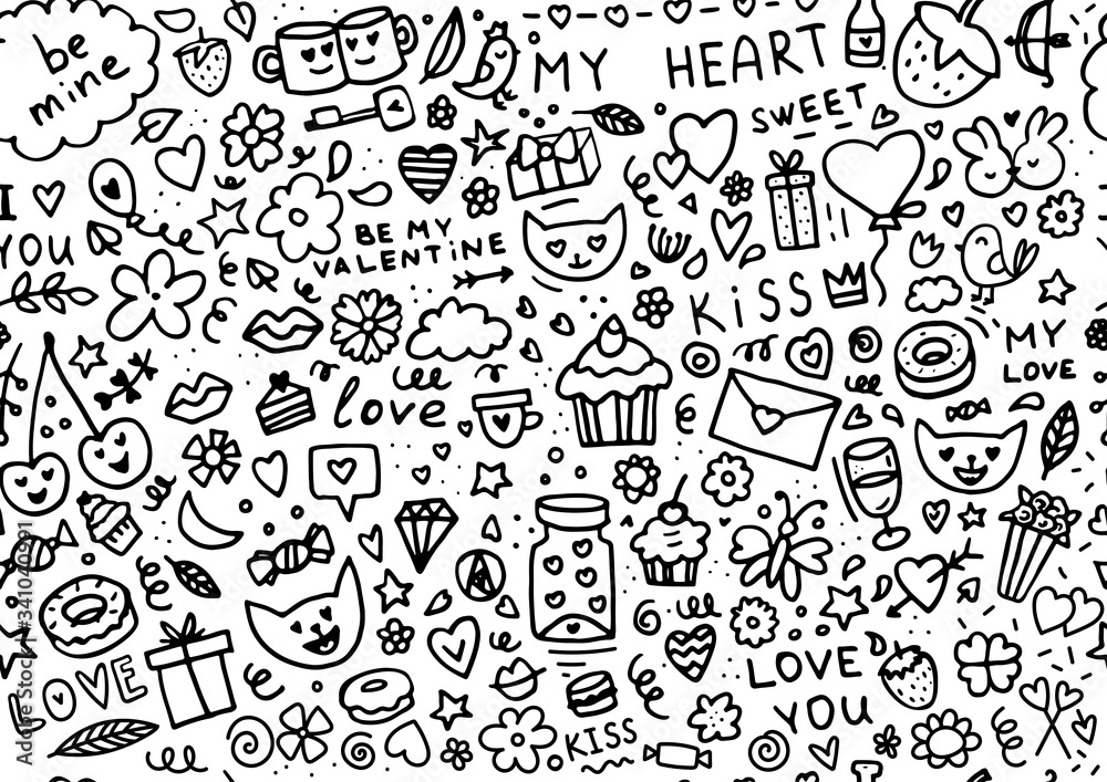 Big doodle set of elements for Valentine's day. Hearts, sweets, flowers, garlands, balls, gifts, and other cute items.