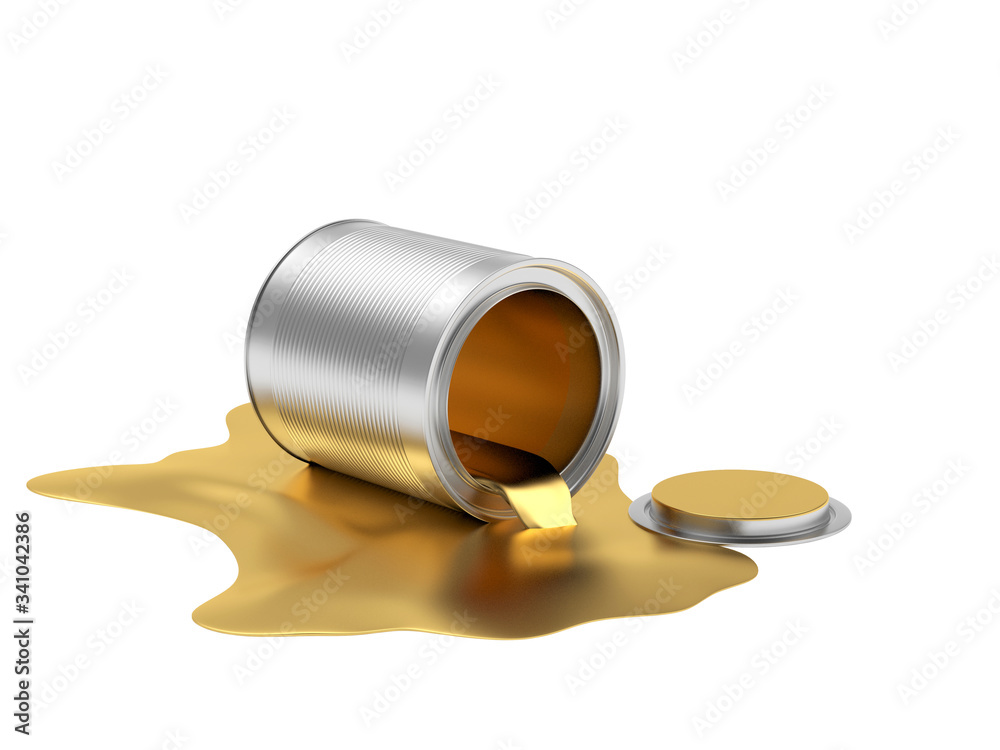 Gold paint spilled from a metal open can isolated on a white background. 3D illustration Gold paint spilled from a metal open can isolated on a white background. 3D illustration