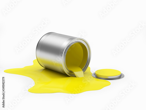 Yellow paint spilled from an open can isolated on a white background. 3D illustration