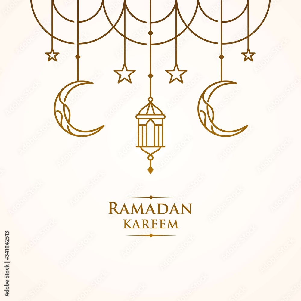 ramadan Kareem, Eid Mubarak Greeting Line icon minimal and simple vector design with beautiful Glowing Lantern and elegant crescent moon star for background and Banner - obrazy, fototapety, plakaty 