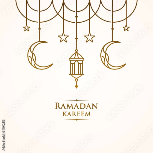 ramadan Kareem, Eid Mubarak Greeting Line icon minimal and simple vector design with beautiful Glowing Lantern and elegant crescent moon star for background and Banner photo