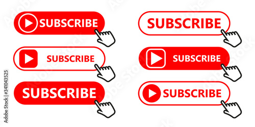 Social media subscription button. Subscribe to the video channel, blog and newsletter. Red button with hand cursor for subscription. Flat style. Vector