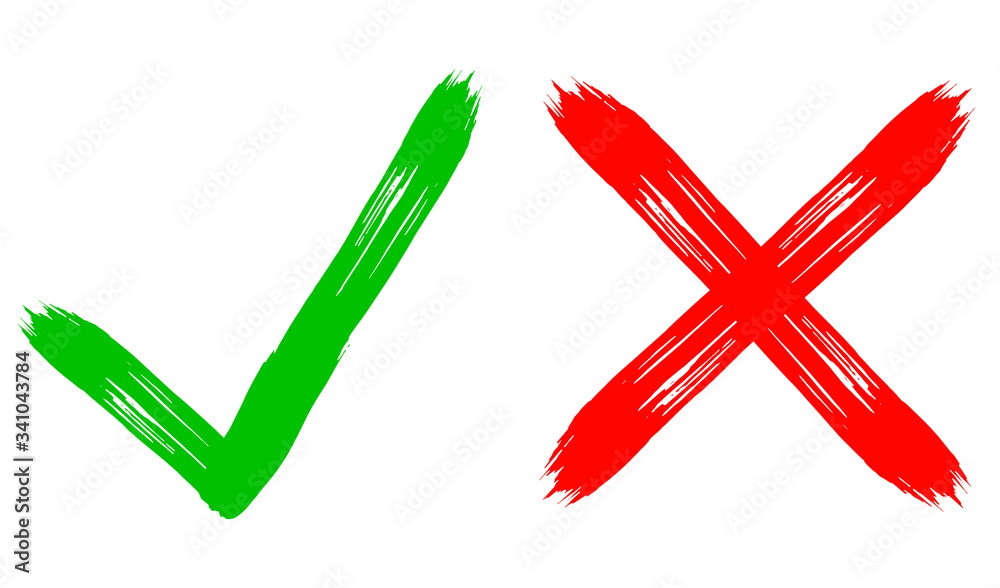 Green check mark and red cross, yes or no icon. Concept of deciding whether to decide or reject. Isolated on white background. Vector illustration