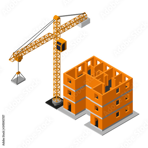 Isometric construction site with industrial crane flat vector icon isolated on white background.