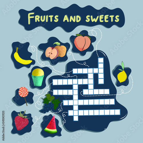 Fruits and sweets crossword. Kids words search puzzle game with strawberry and grape, banana and apple, peach and lemon, ice cream, watermelon and lollipop.  Educational worksheet for children