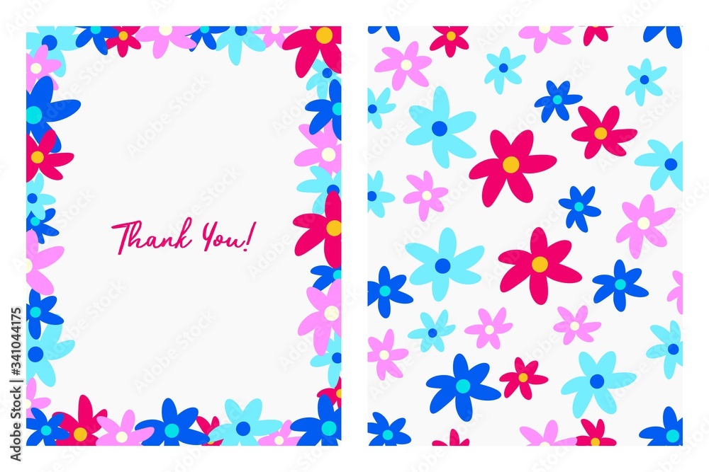 Thank You card with floral pattern. Flat style hand drawn illustrations with copy space for text. Simple cartoon design. Thank You card with floral pattern. Flat style hand drawn illustrations with copy space for text. Simple cartoon design.