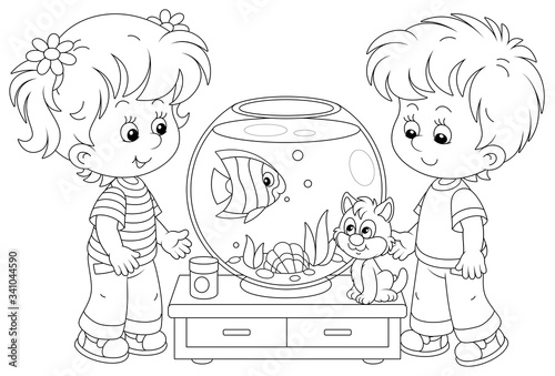 Cheerful small children and their cute kitten, friendly smiling, watching a funny aquarium fish and going to feed it, black and white outlined vector cartoon illustration for a coloring book page